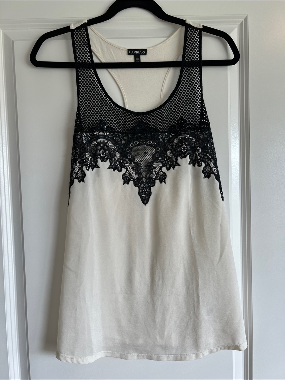 Express Cream Tank with Black Lace Overlay